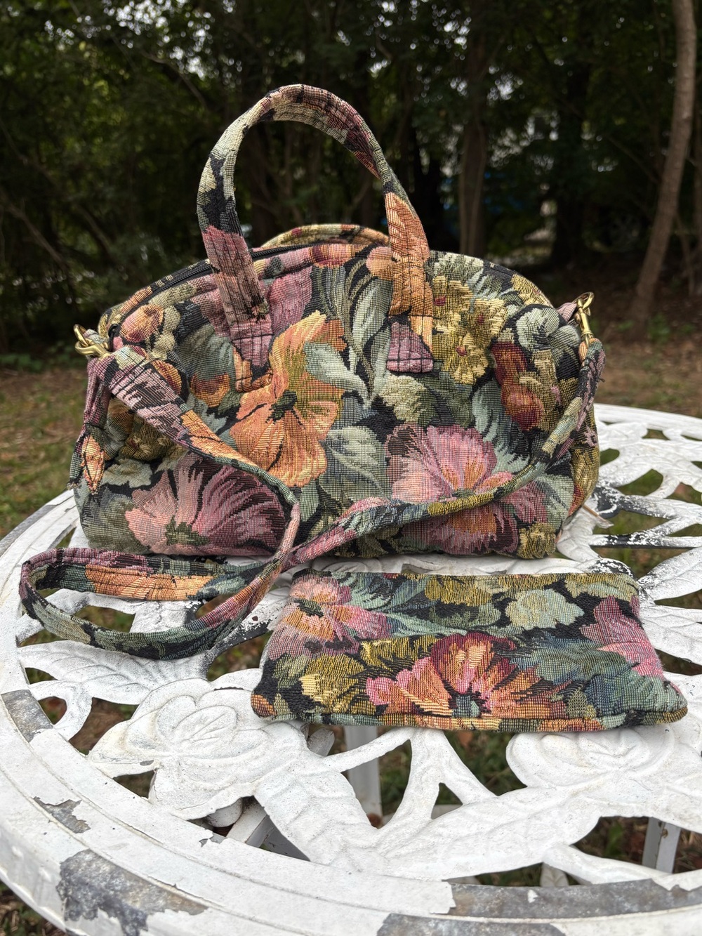 Vintage Floral Tapestry Satchel Bag with Matching Wristlet - Multicolor